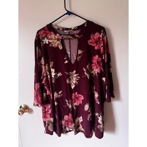 Blu Pepper Burgundy Floral Choker Neck V-Cutout 3/4 Sleeve Blouse Top Womens